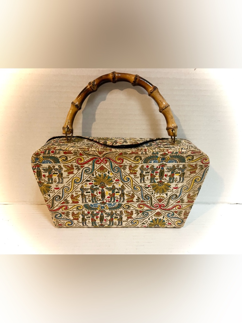 Vintage Madison Egyptian Style Fabric Handbag Bamboo Handle 1960s